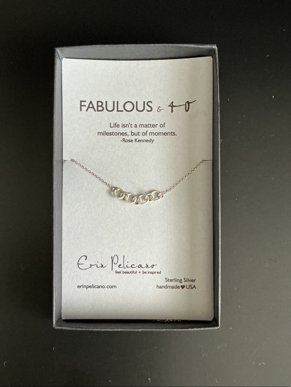 NIB Erin Pelicano Sterling Silver "Fabulous & 40” Commemorative 19” Necklace